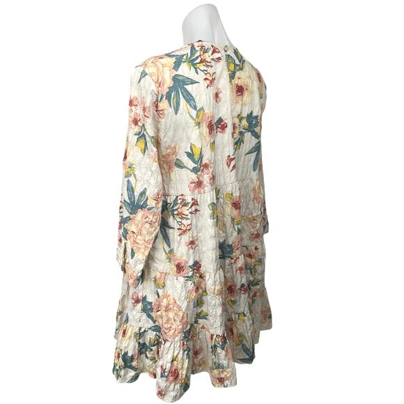 Zara Multicolor Floral Textured 3/4 Sleeve Tiered Flounce Hem Mini Shift Dress M - Picture 6 of 16